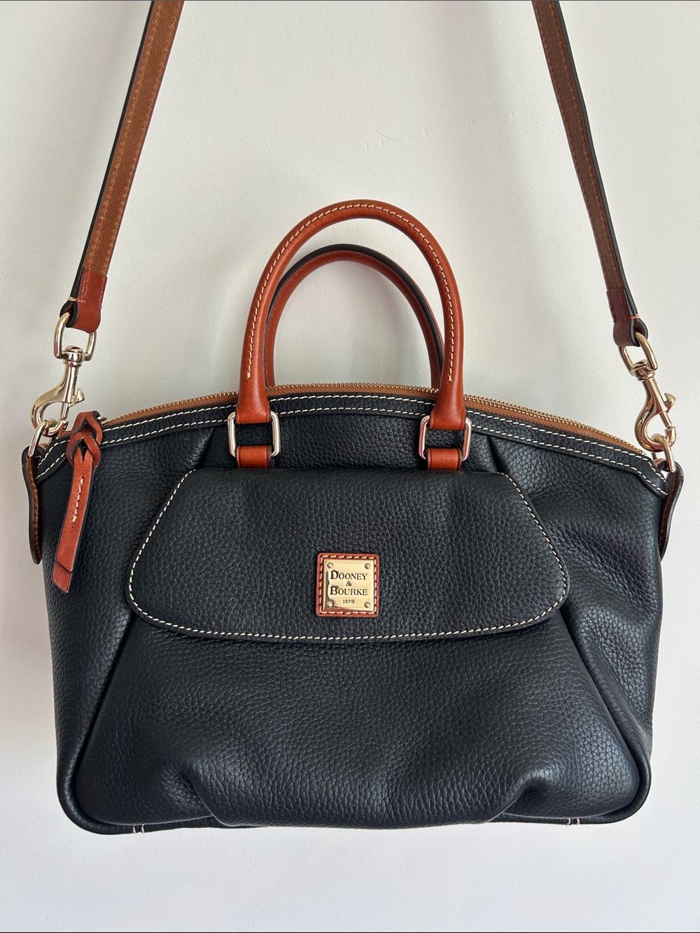 Dooney & Bourke Black Pebble Grain Leather Front Pocket Satchel with Brown Trim